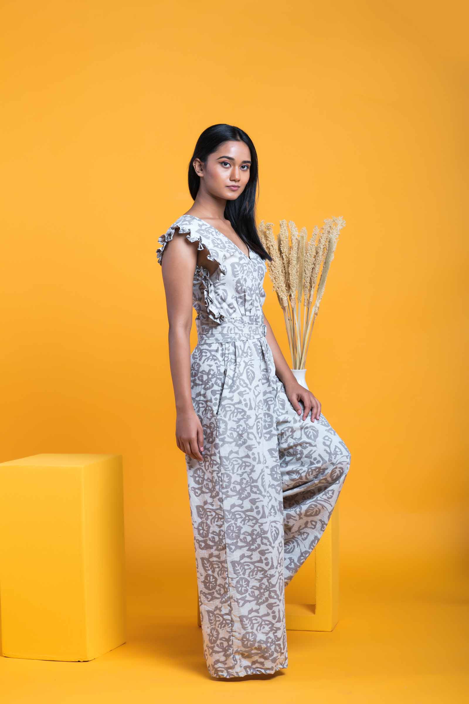 Dabu Printed Grey Cotton Jumpsuit