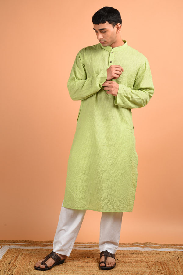Kantha Weaved Green Cotton Kurta