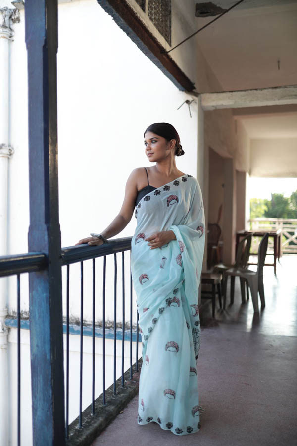 Printed Blue Organic Cotton Saree