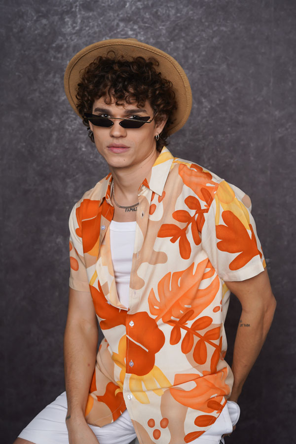 Abstract Printed Off White and Orange Viscose Shirt 