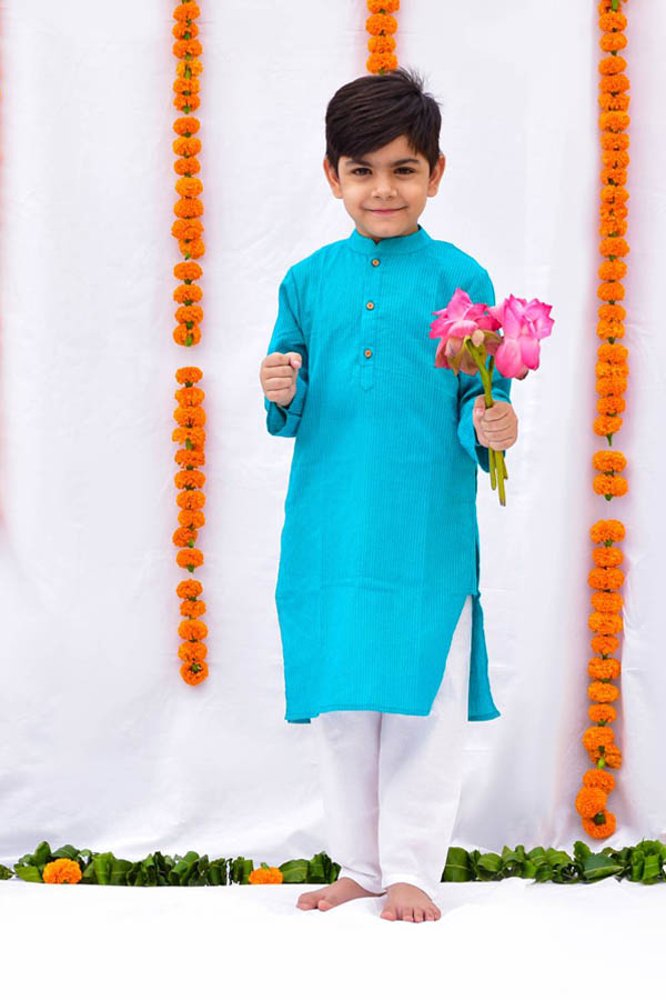 Kantha Weaved Turquoise and White Cotton Kurta Set