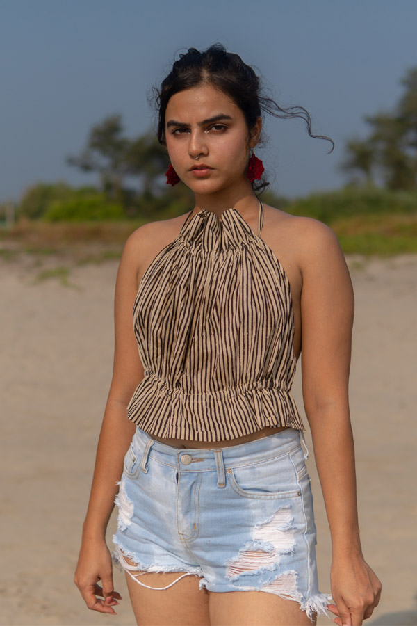 Printed Beige Cotton Crop Top