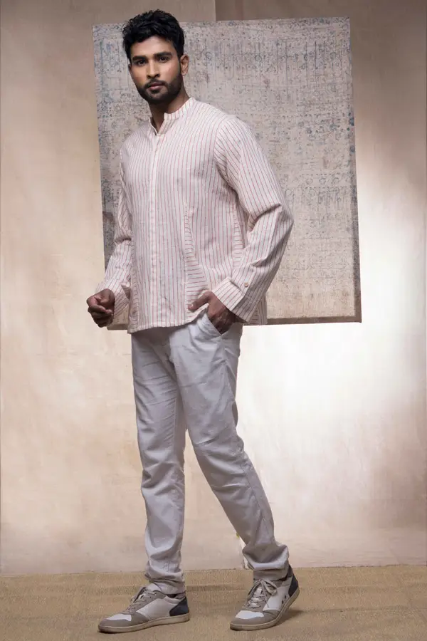 Off-White with Red Stripes Cotton Shirt