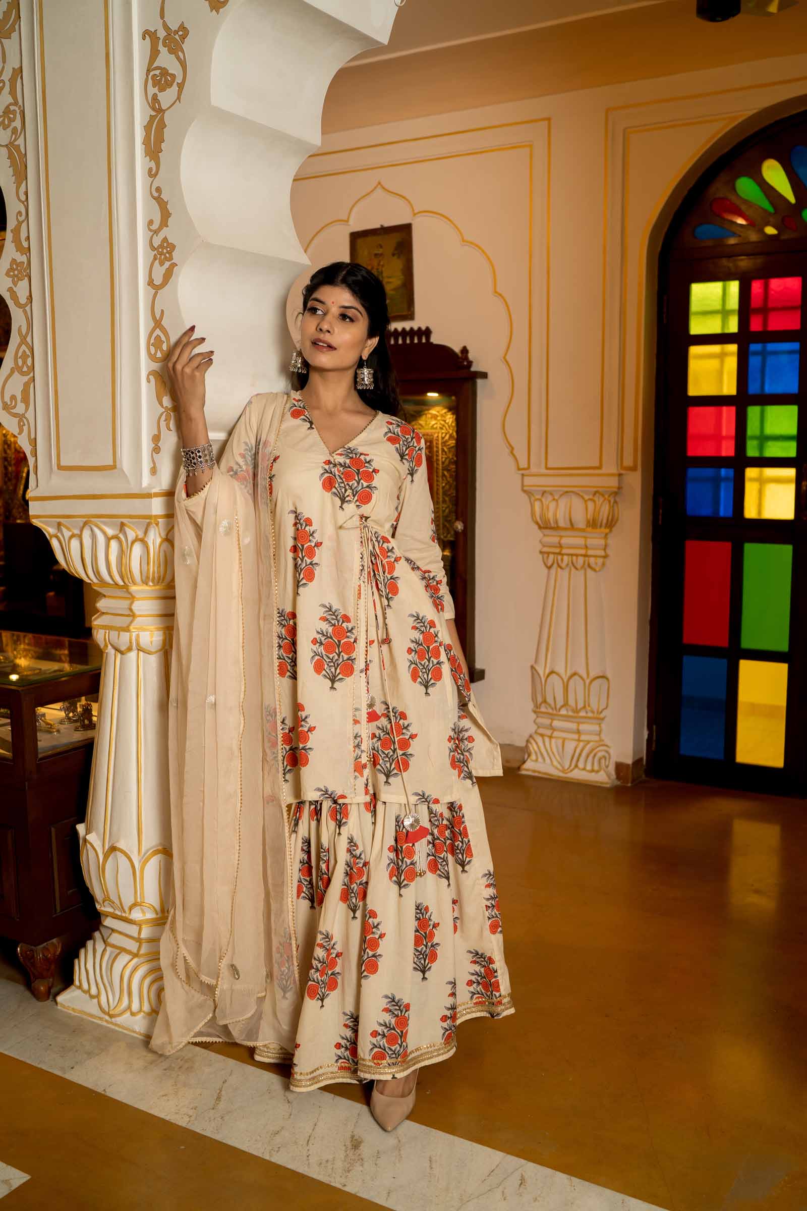 Block Printed Off White Cotton Sharara Set