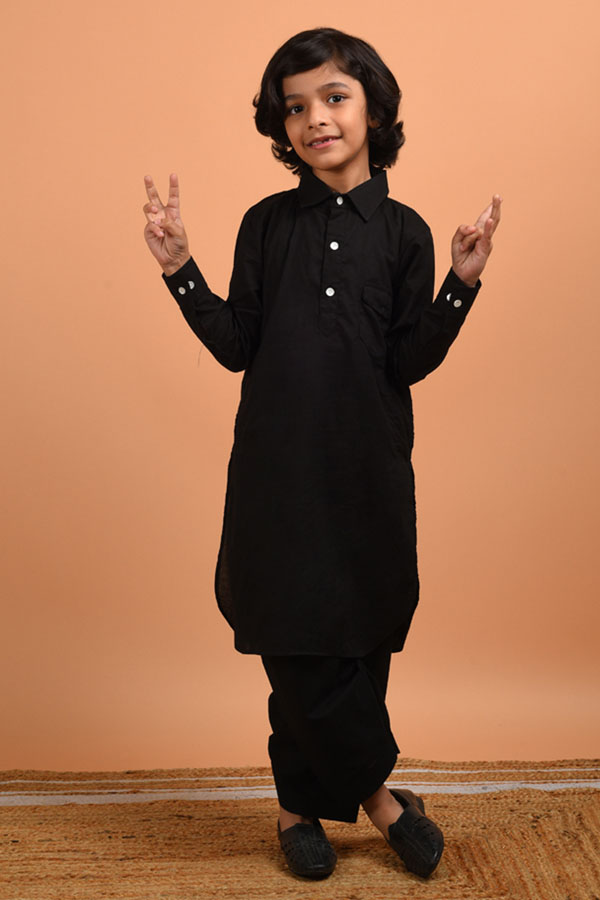 Black Cotton Pathani Set