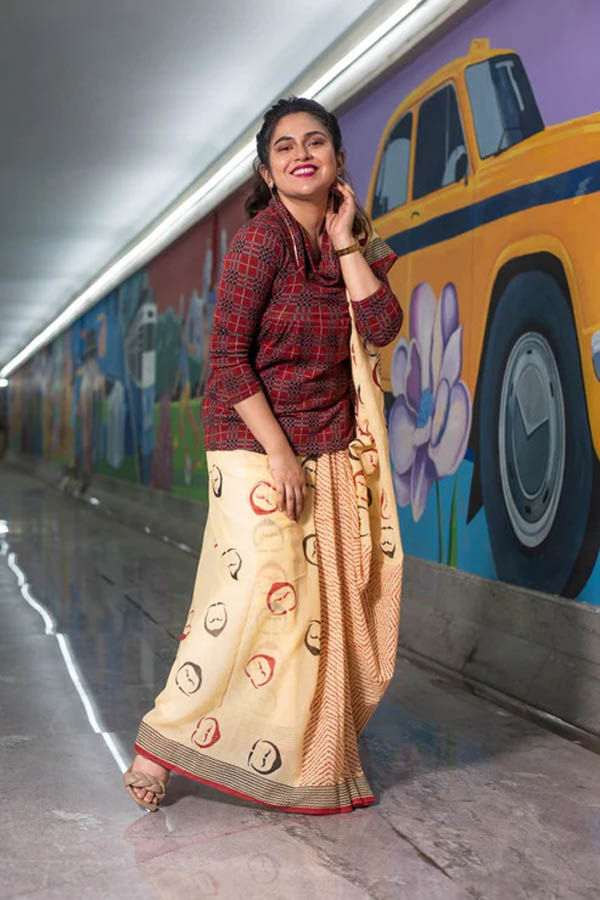 Printed Beige Organic Cotton Saree