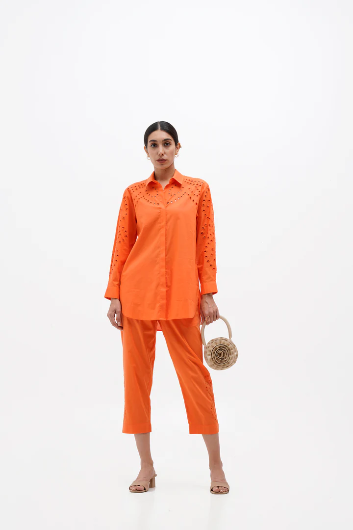 Embroidery Orange Cotton Coord Set
