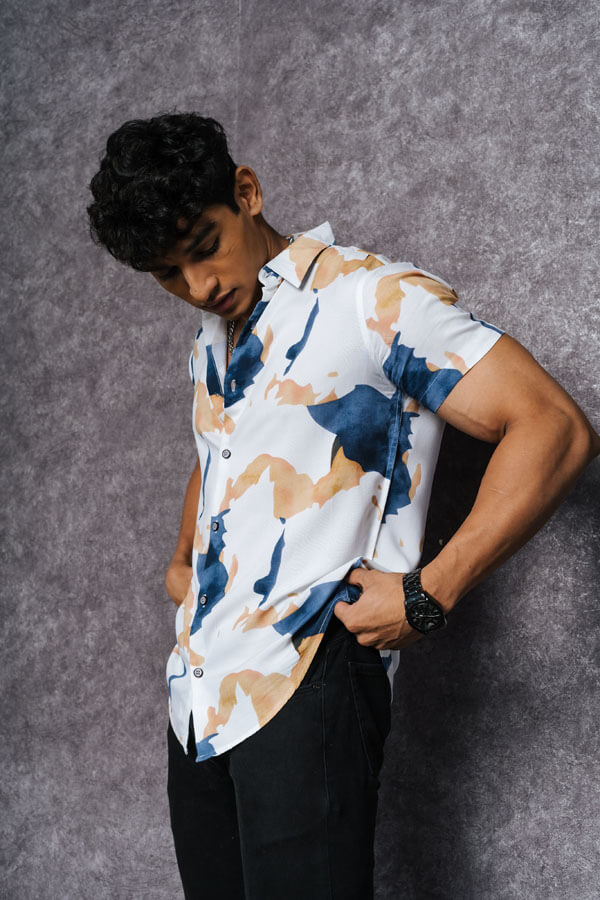 Water Painted Effect Printed White Rayon Shirt 