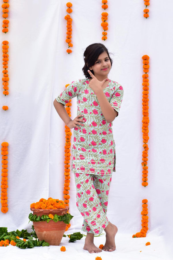 Block Printed Pink and Green Cotton Kurta Set