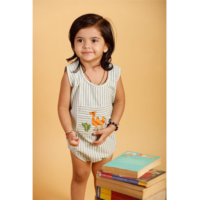 Embroidery White and Grey Striped Cotton Romper
