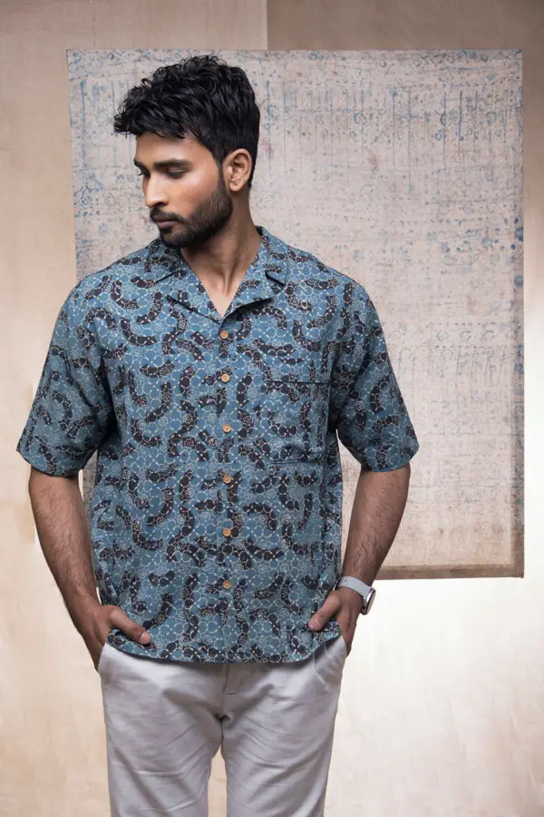 Ajrakh Printed Indigo Cotton Shirt
