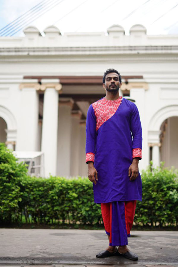 Patched Blue and Red Assam Cotton Kurta Dhoti Set