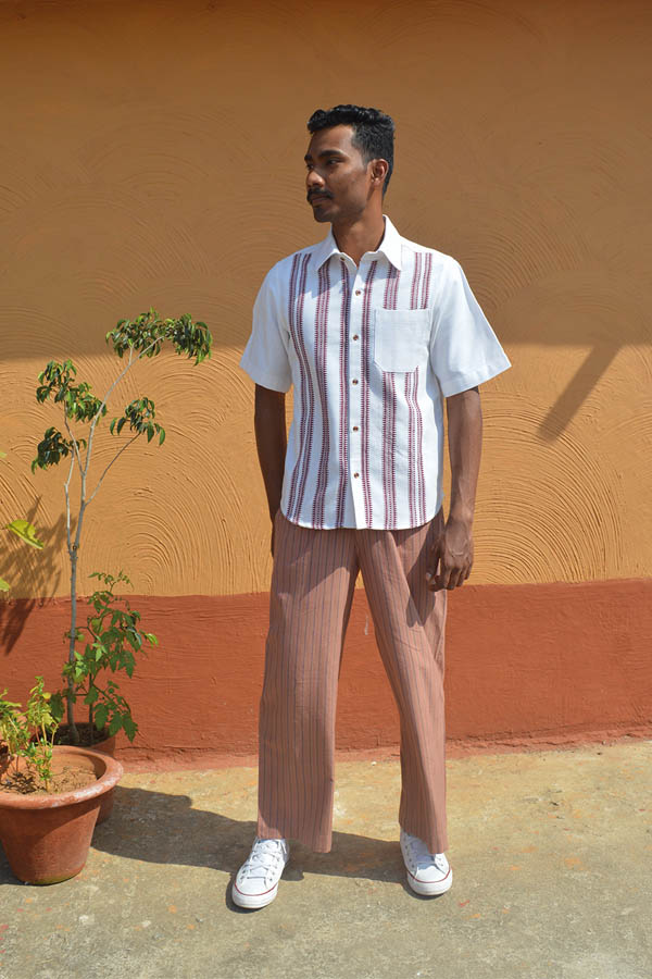 White and Maroon Handloom Cotton Shirt