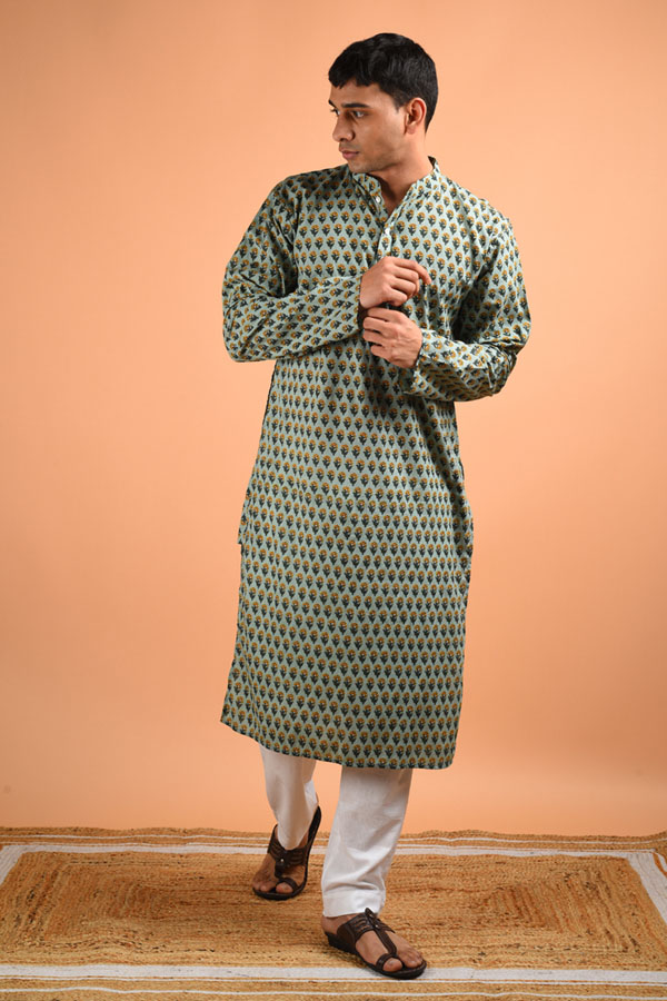 Sanganeri Printed Green Cotton Kurta