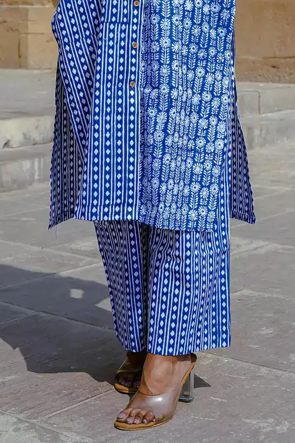 Block Printed Blue Cotton Palazzo