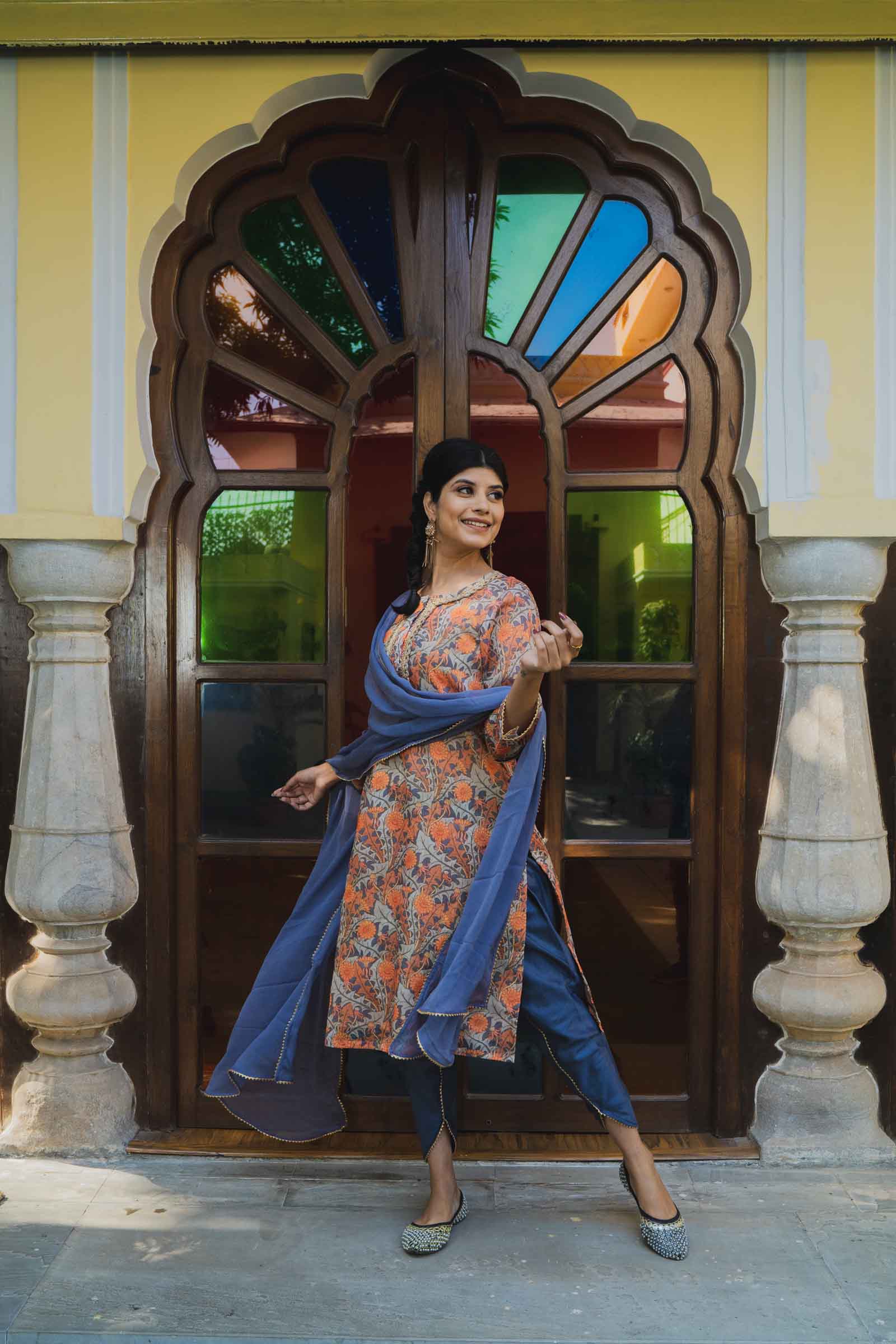 Block Printed Grey Chanderi Kurta Set