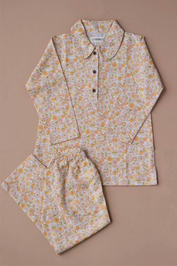 Floral Printed Off White Cotton Pajama Set