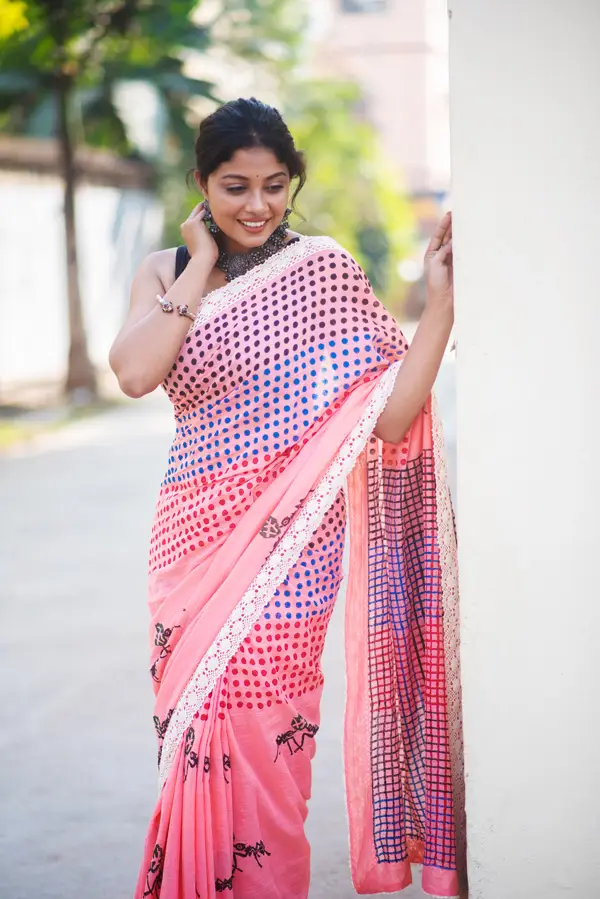 Block Printed Pink Cotton Saree