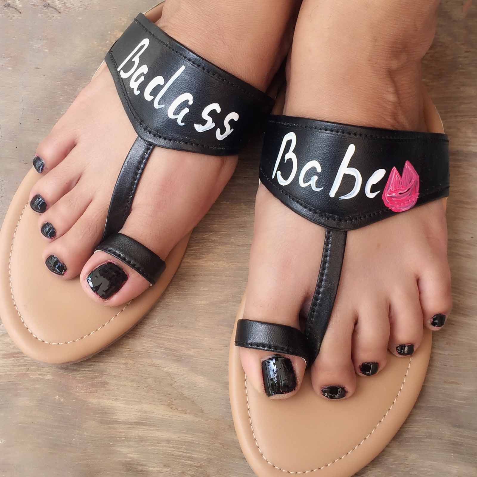 Badass Babe Painted Black Faux Leather Kohlapuri