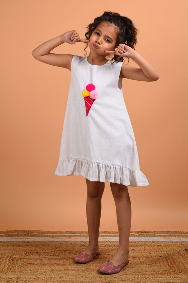 Ice Cream Embroidery White Cotton Dress