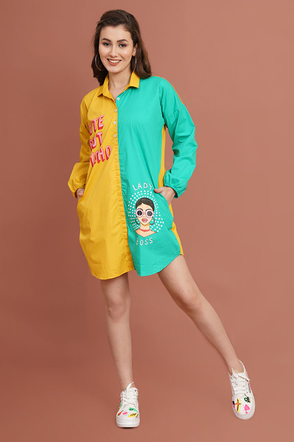 Hand Painted Green and Yellow Poplin Shirt Dress
