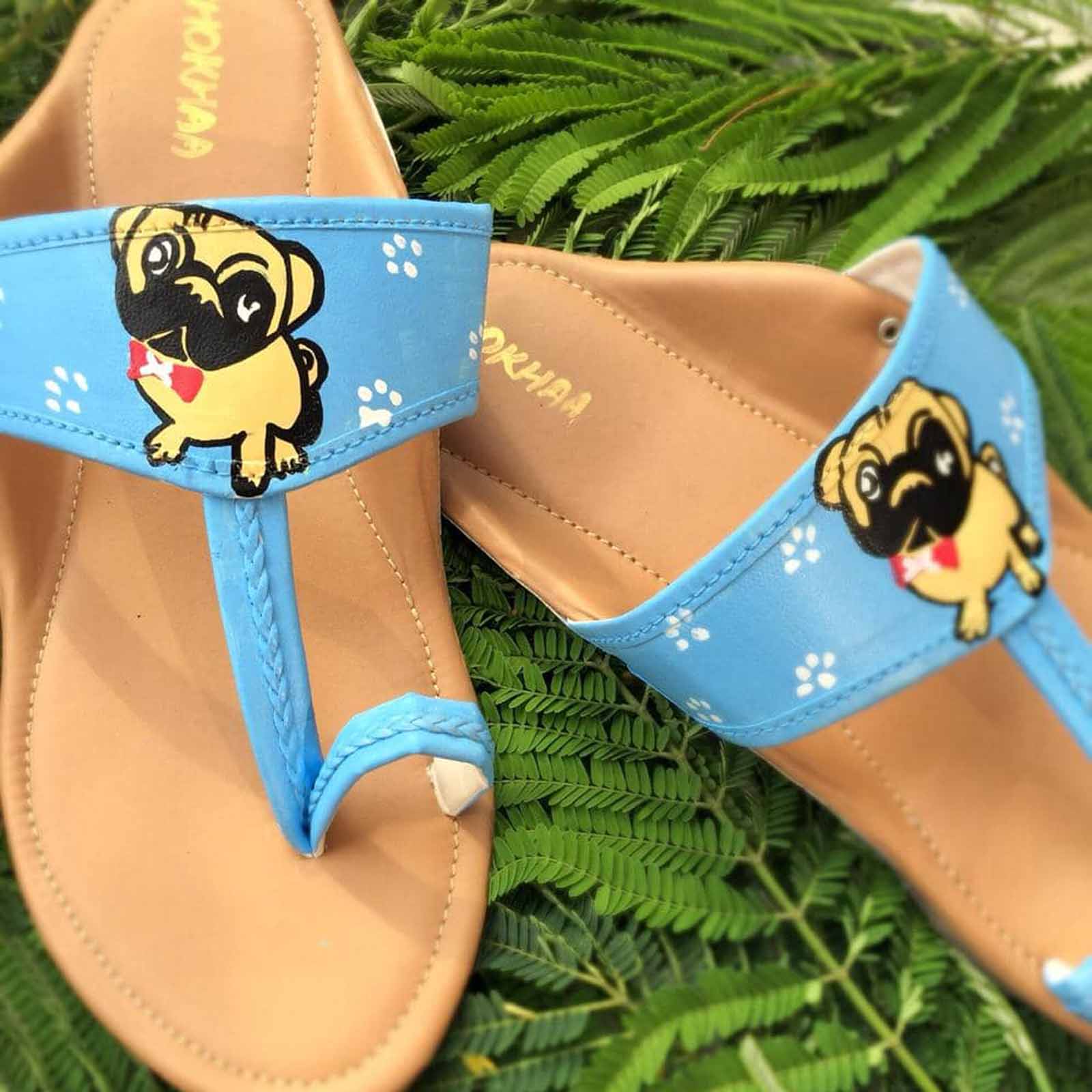 Pug Painted Blue Faux Leather Kohlapuri