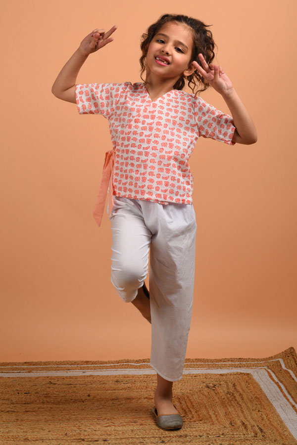 Block Printed Peach Cotton Angrakha Top
