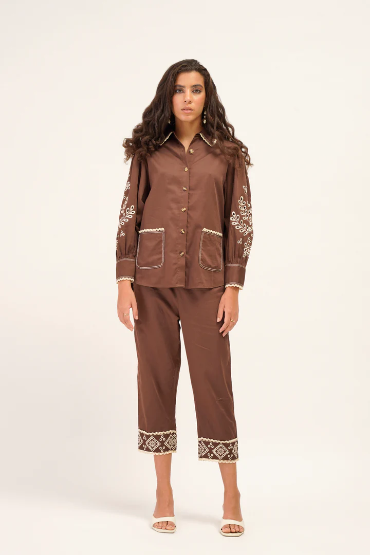 Embroidery Brown Cotton Coord Set