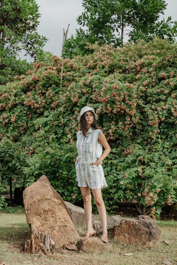 Blue and Off White Striped Cotton Jumpsuit
