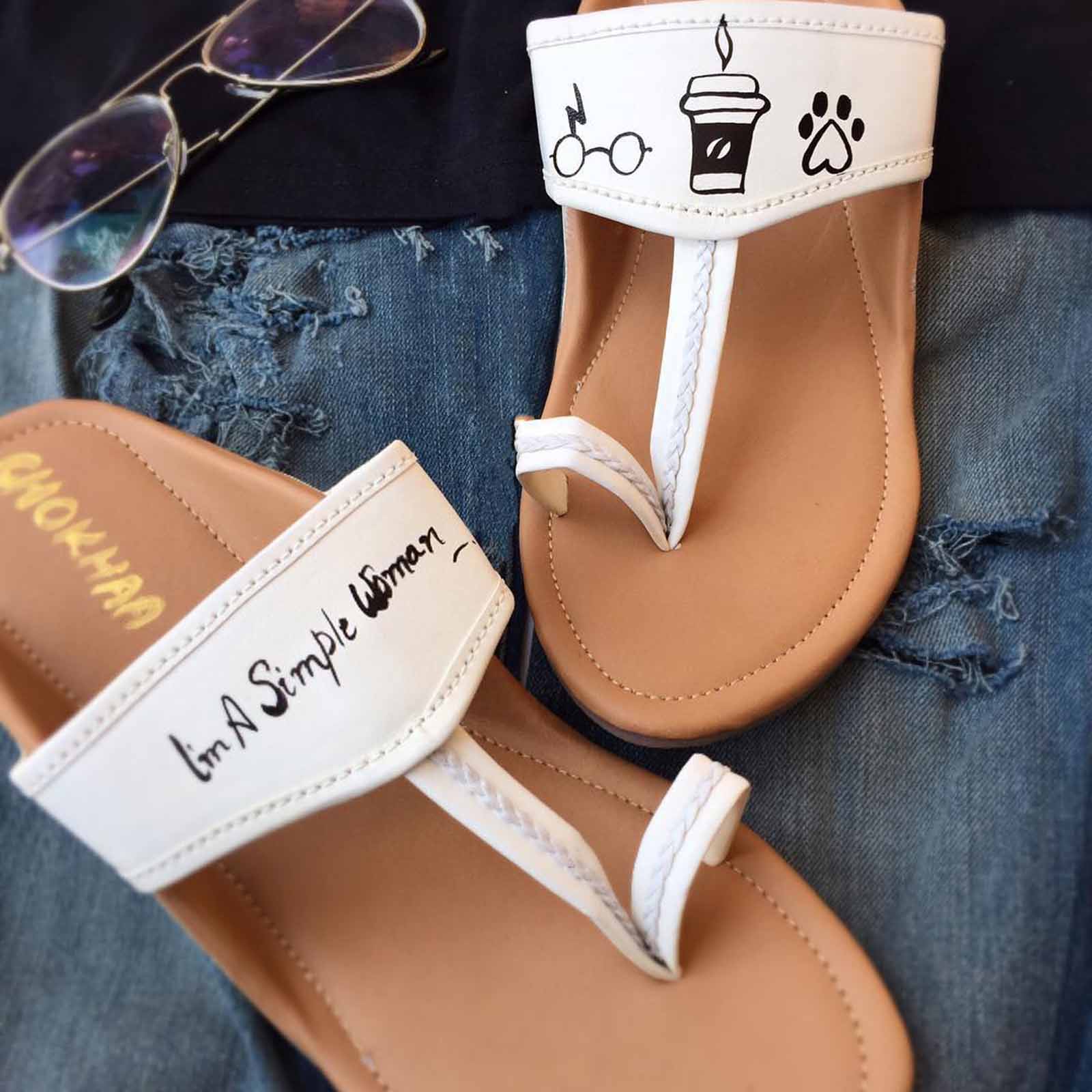 Simple Woman Coffee Painted White Faux Leather Kohlapuri