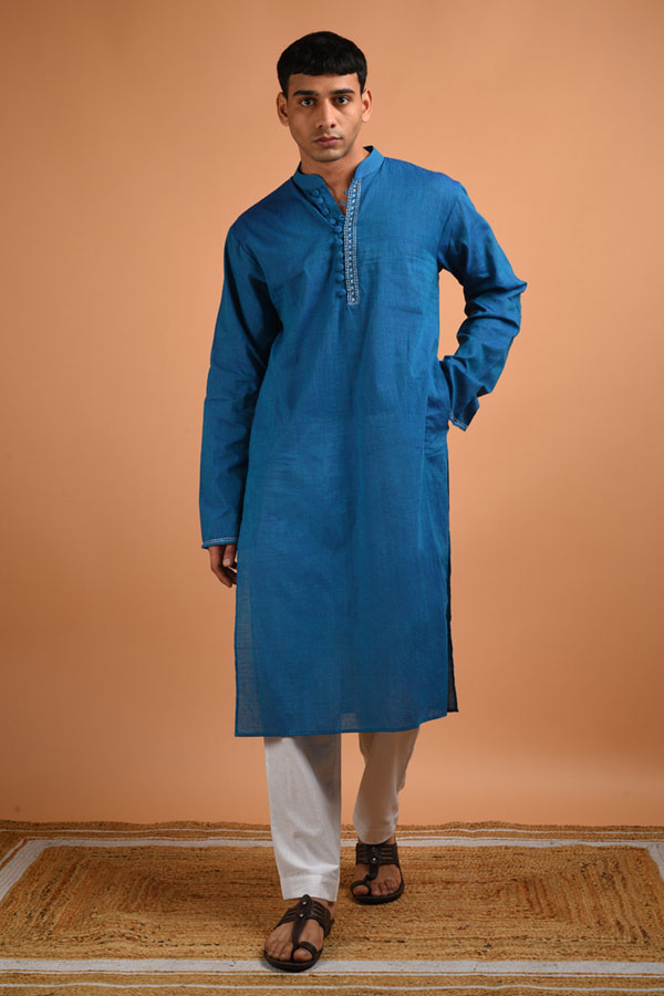Hand Embroidery Blue Cotton Kurta