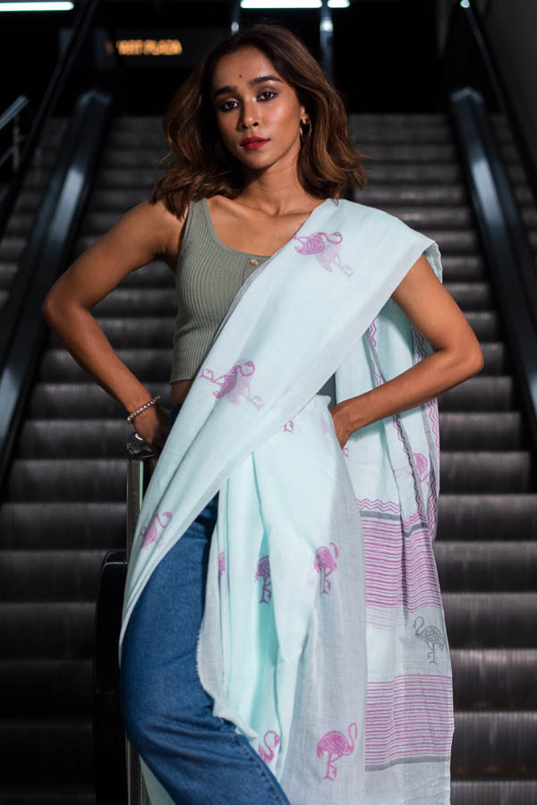 Printed Mint Blue Organic Cotton Saree