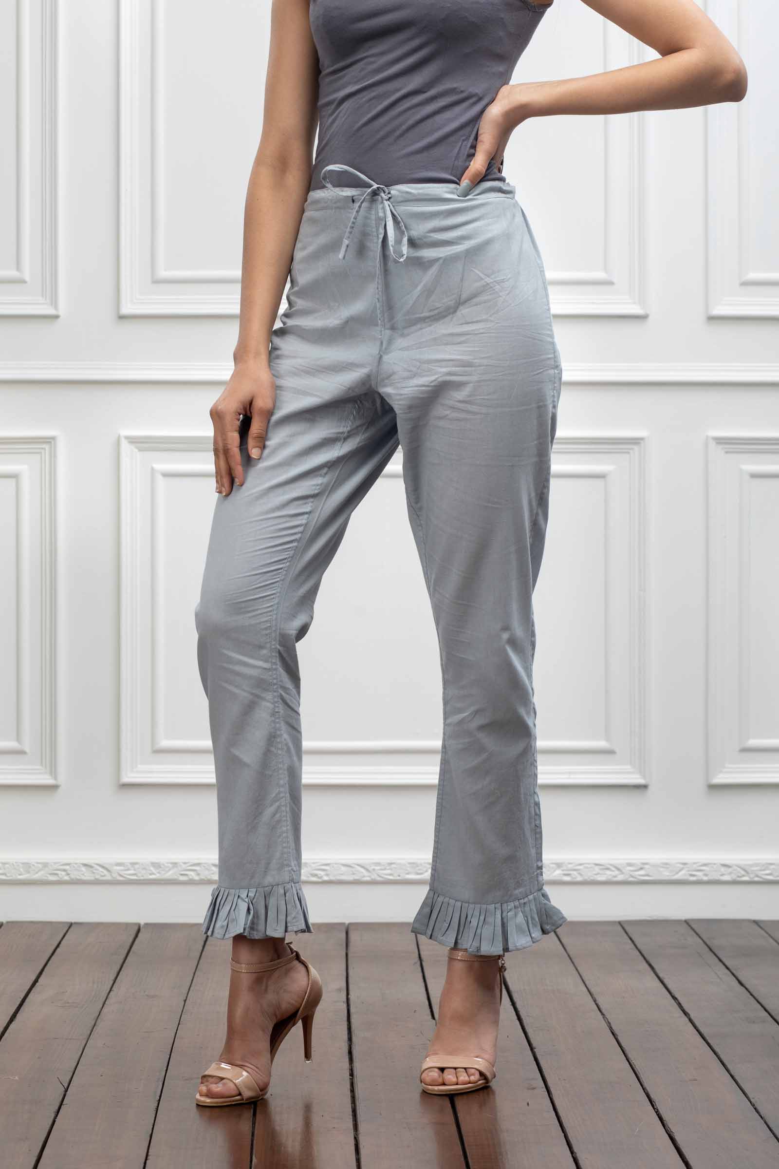 Grey Cotton Tie Up Pant