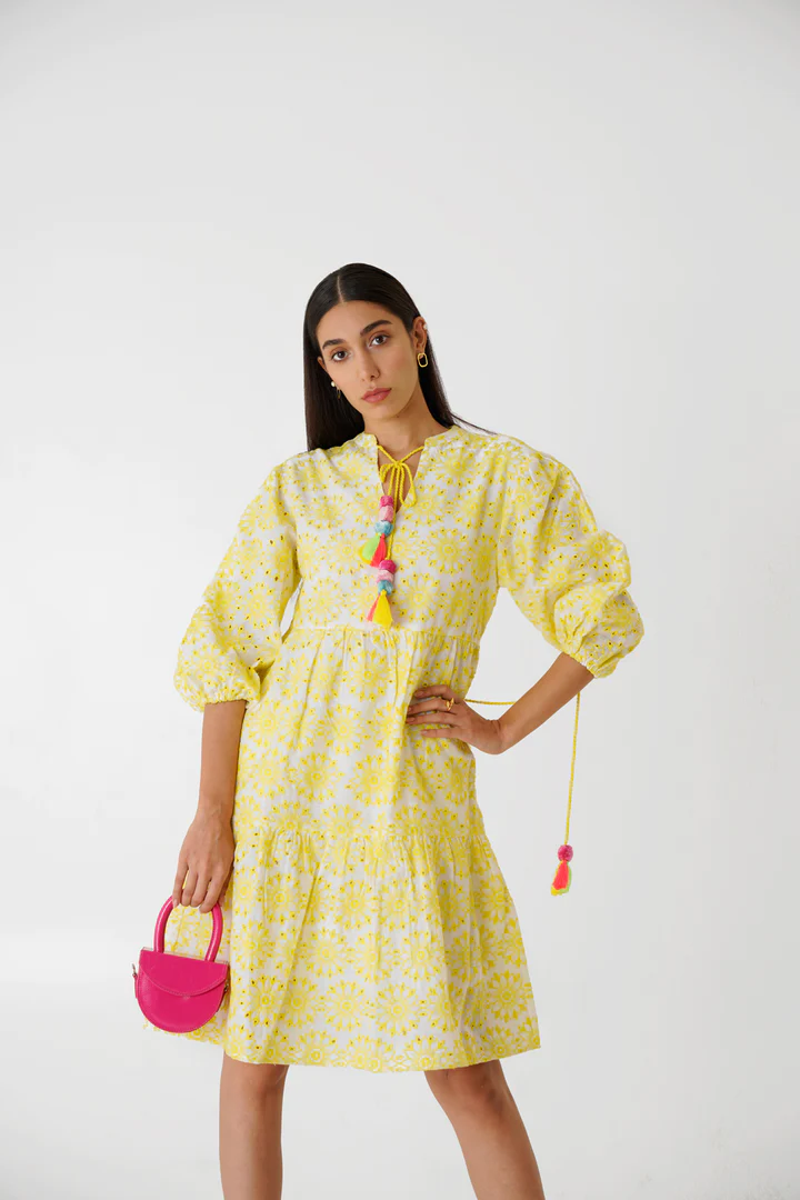 Embroidery Yellow Cotton Linen Midi Dress
