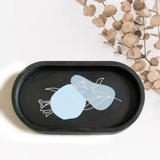 Black Oval Shaped Marbled Trinket and Candle Tray Organizer 