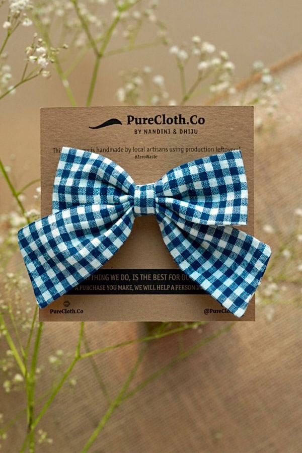 Blue Checked Cotton Bow Hair Clip 