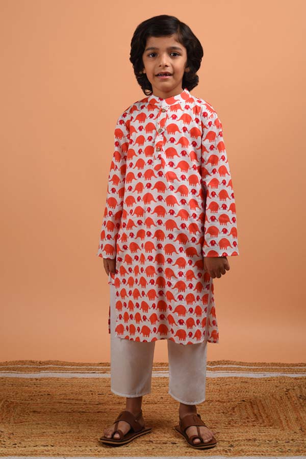 Block Printed Peach and White Cotton Kurta Set