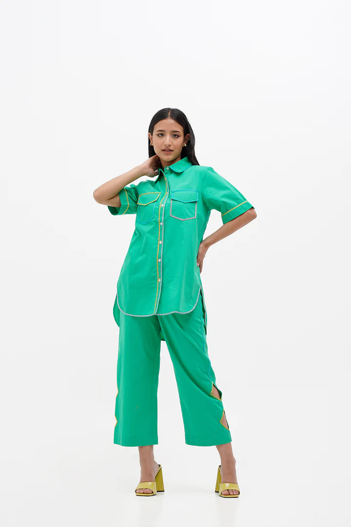 Embroidery Green Cotton Coord Set 