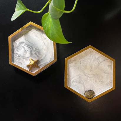 White and Gold Hexagon Marbled Coaster Set of 2