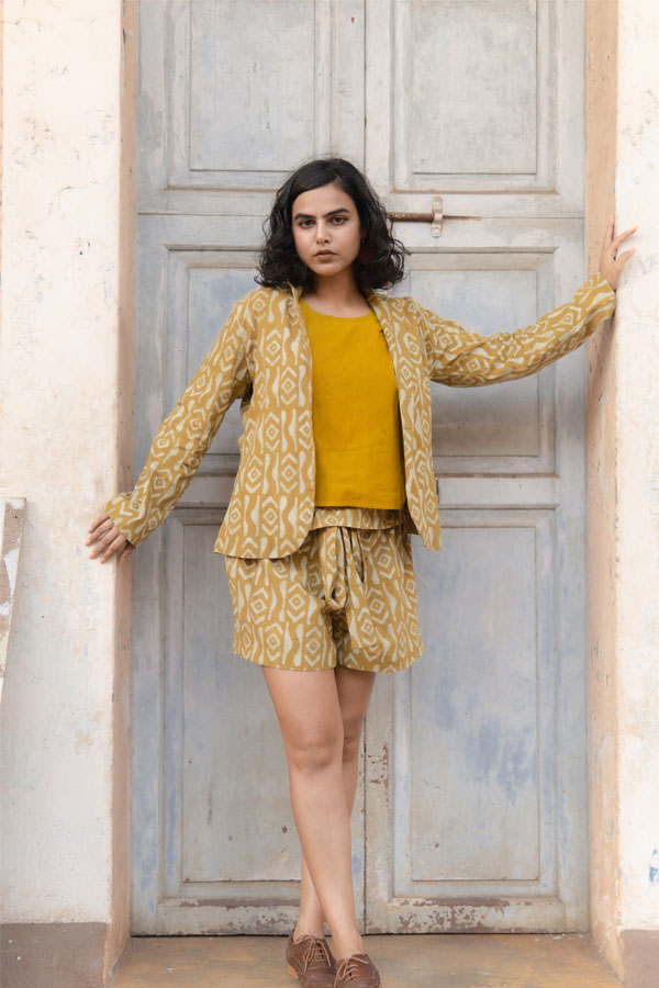 Printed Mustard Cotton Blazer 