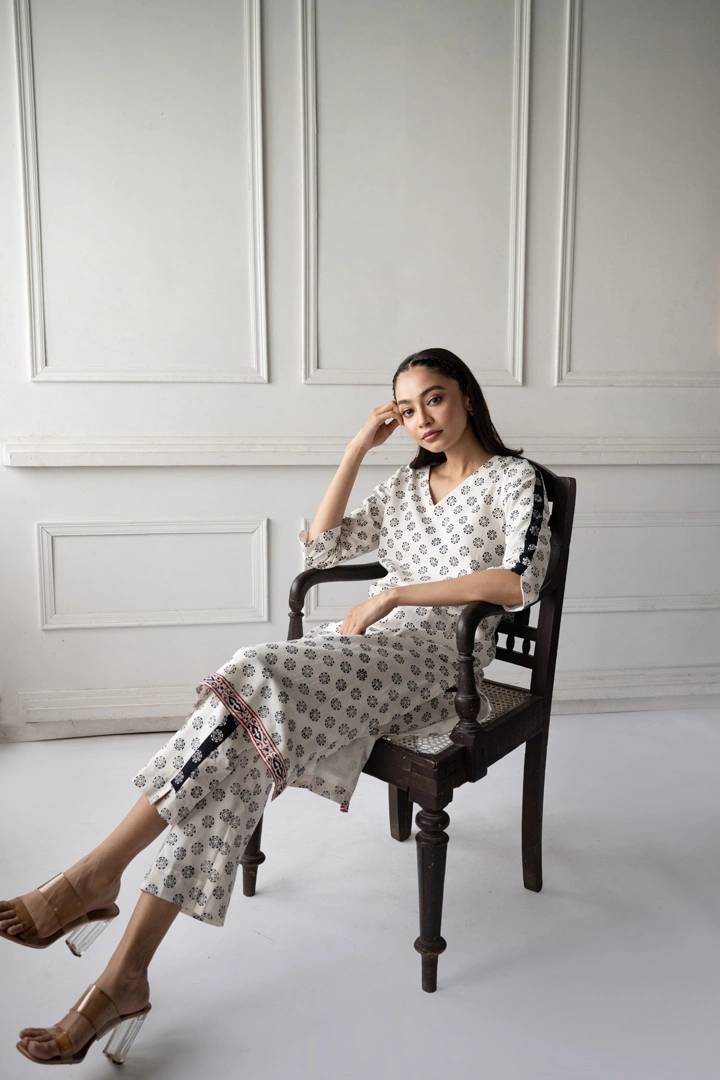 Block Printed White Cotton Kurta Set