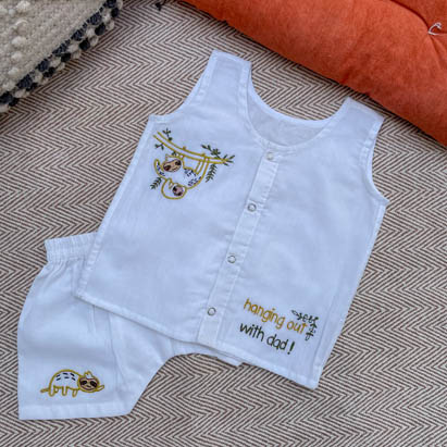 Sloth Embroidery White Cotton Jhabla Set