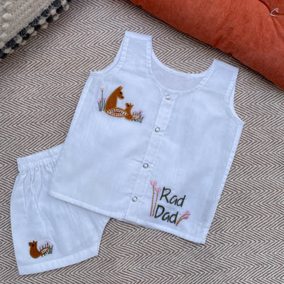 Fox Embroidery White Cotton Jhabla Set
