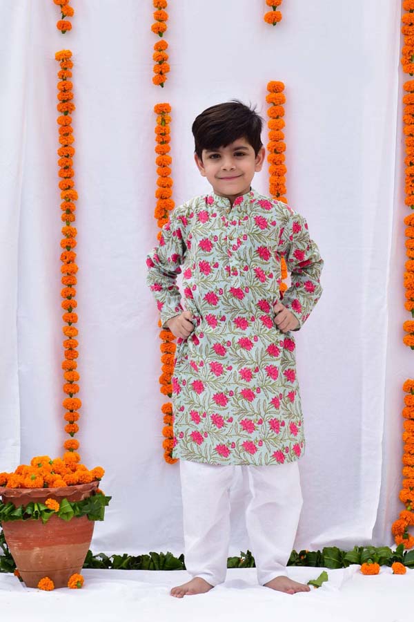 Block Printed Green and White Cotton Kurta Set