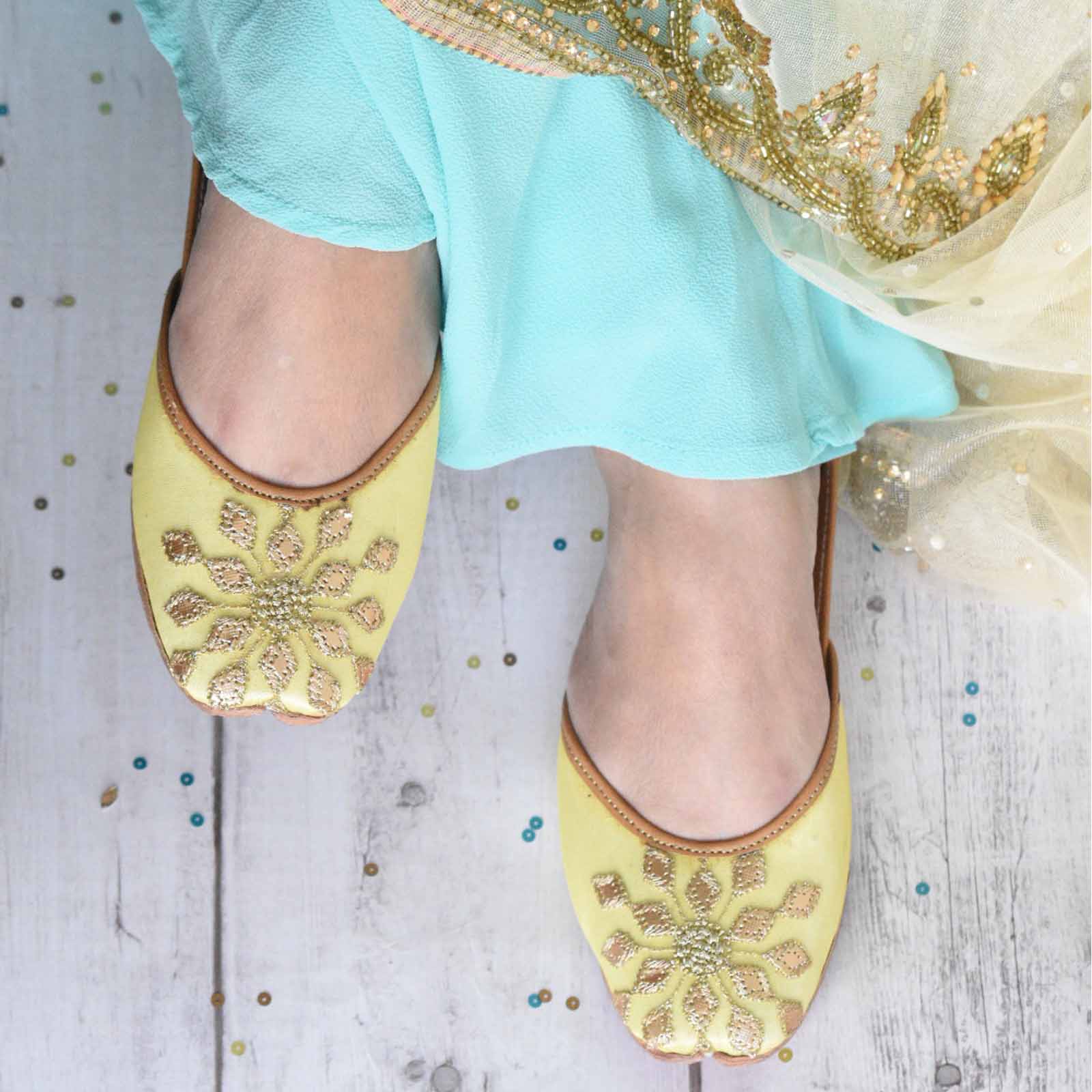 Gota Patti Embroidery Lime Leather Jutti
