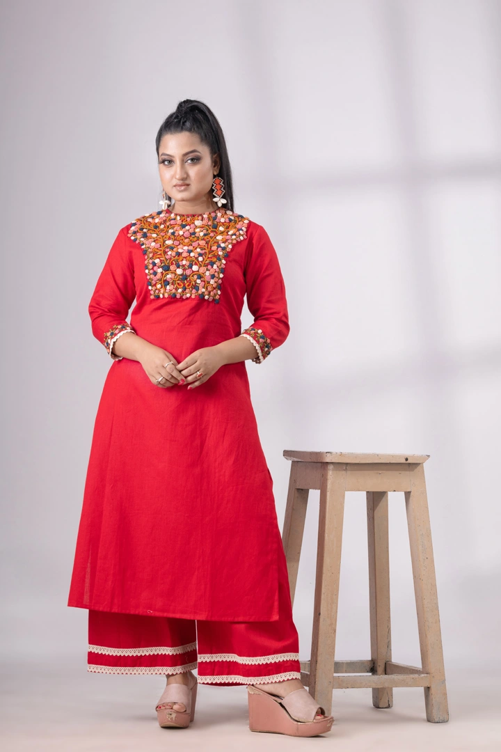 Parsee Embroidery Red Khadi Kurta Set
