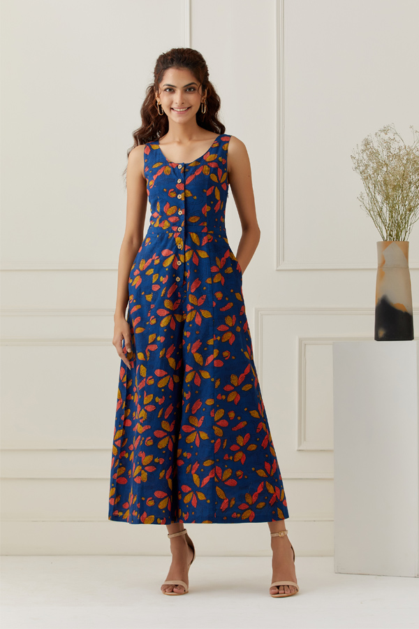 Hand Block Printed Blue Cotton Jumpsuit