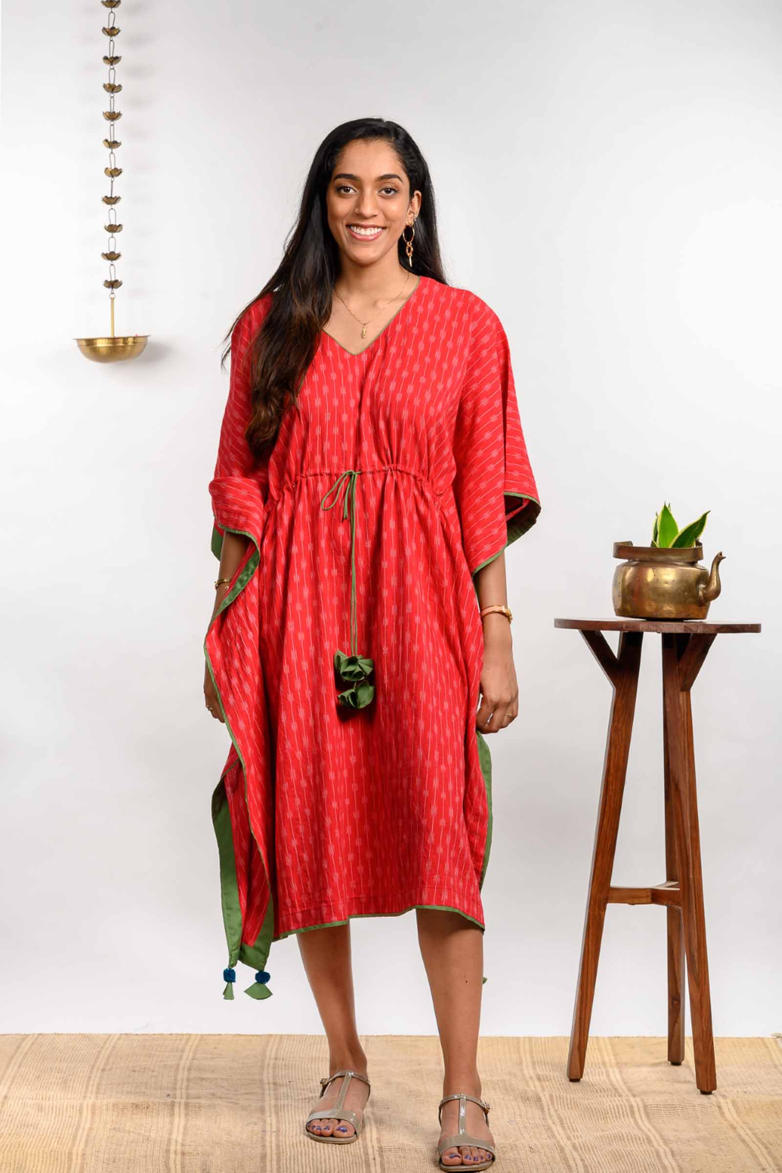 Ikat Printed Red Cotton Kaftan Dress