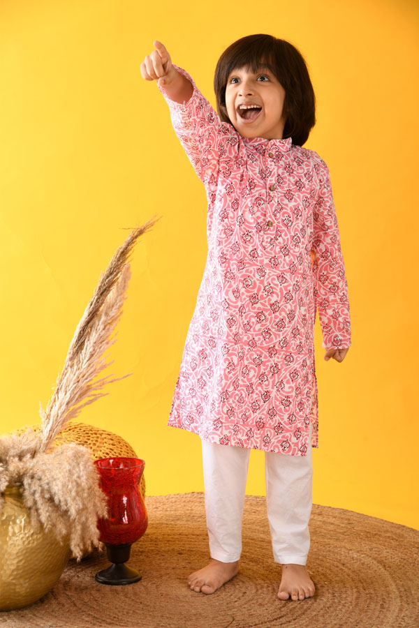 Block Printed Pink and White Cotton Kurta Set