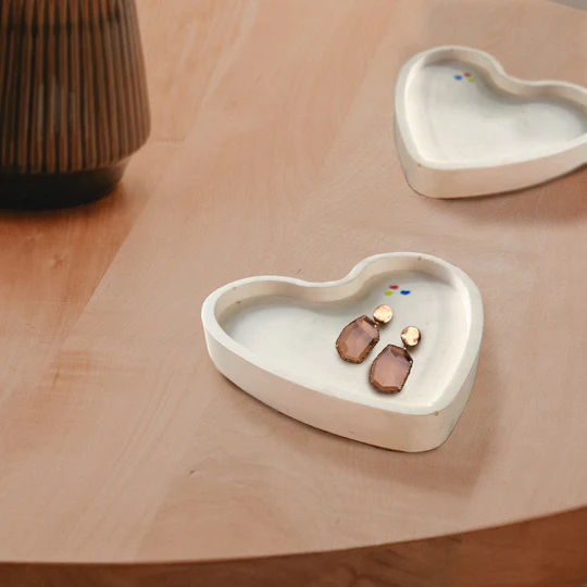 White Heart Shaped Marbled Trinket and Candle Tray Organizer 